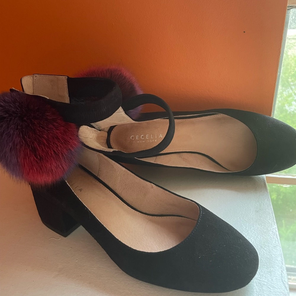 Size 7.5 Cecilia New York 2 inch Heels! Black shoes with a colorful pompom